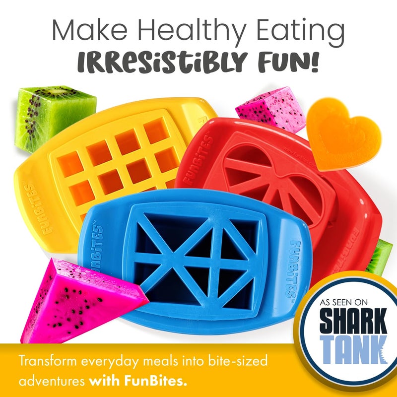 FUNBITES Sandwich Cutter for Kids Lunch, Mini Cookie Cutters, Bento Box Accessories, Cut Food into Bite-Size Shapes for Toddlers, Great for picky eaters - Yellow Squares/Red Hearts/Blue Triangles 3pk - Image 2